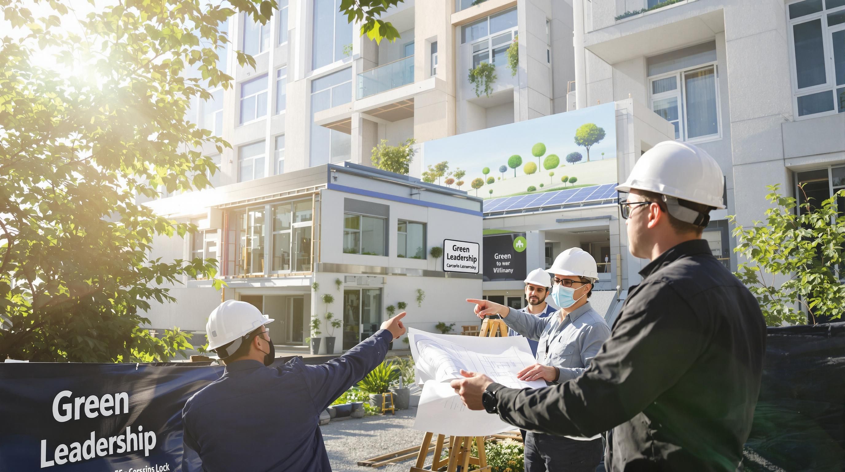 Architects discussing green-certified building features on construction site