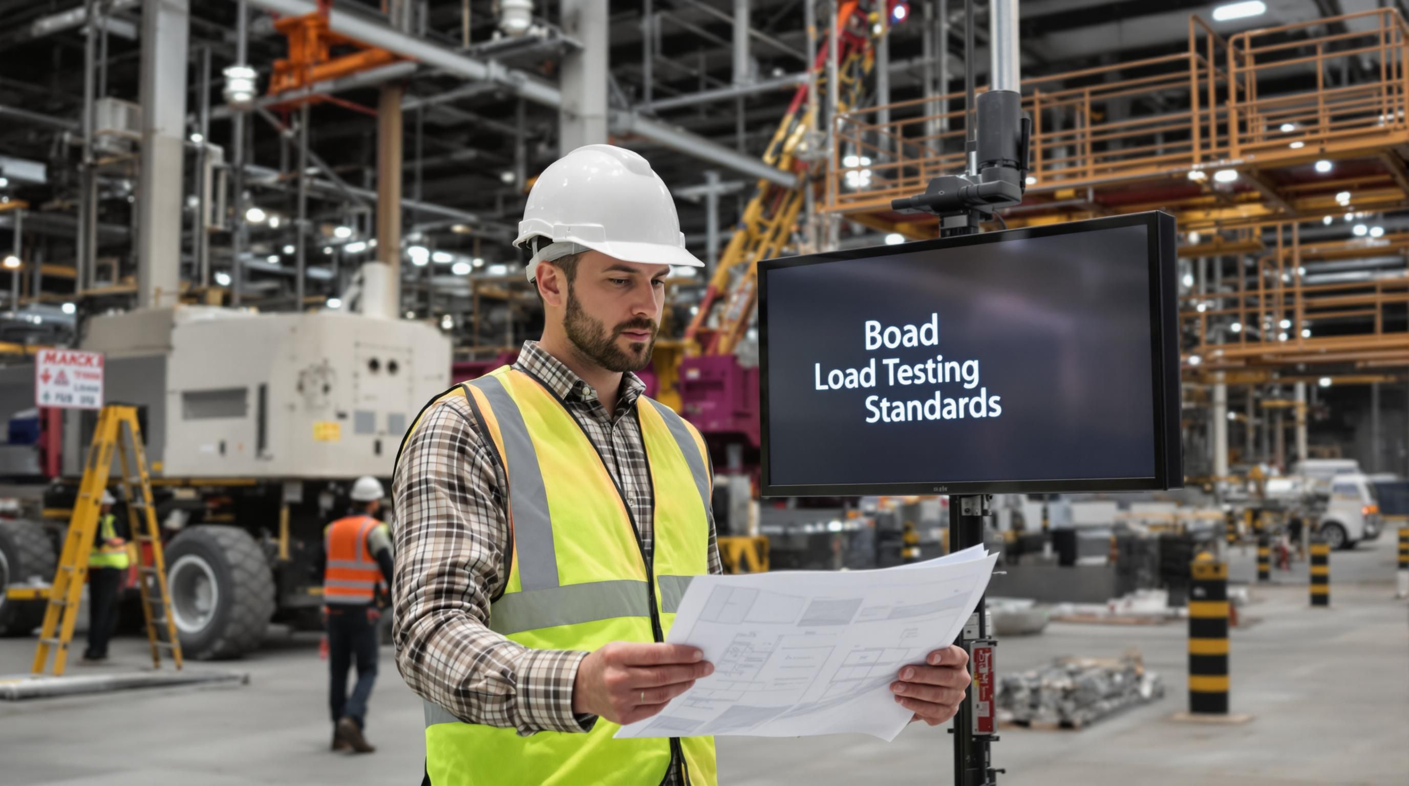 Inspectors reviewing load testing paperwork with heavy equipment in background