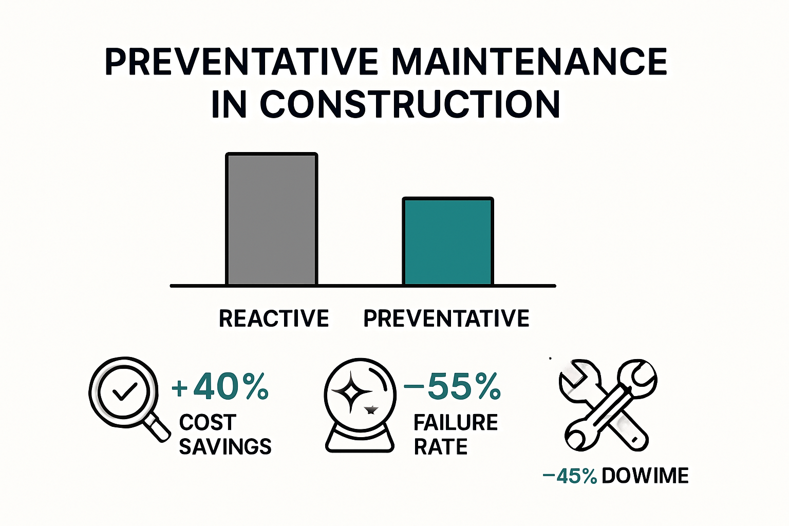Infographic comparing preventative vs reactive maintenance cost and downtime