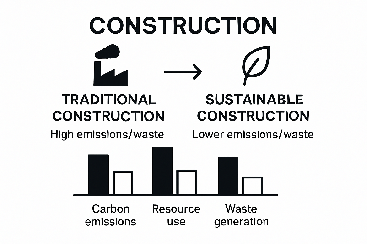 Infographic comparing carbon emissions, resource use, and waste between traditional and sustainable construction