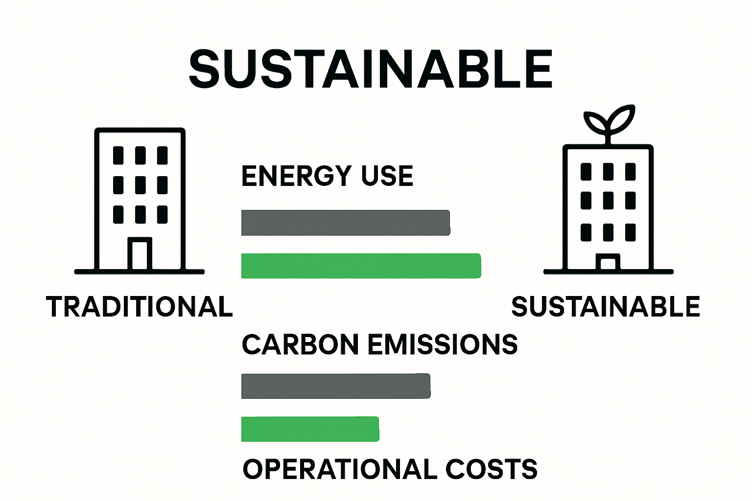 Infographic comparing energy, emissions and cost in sustainable vs traditional buildings