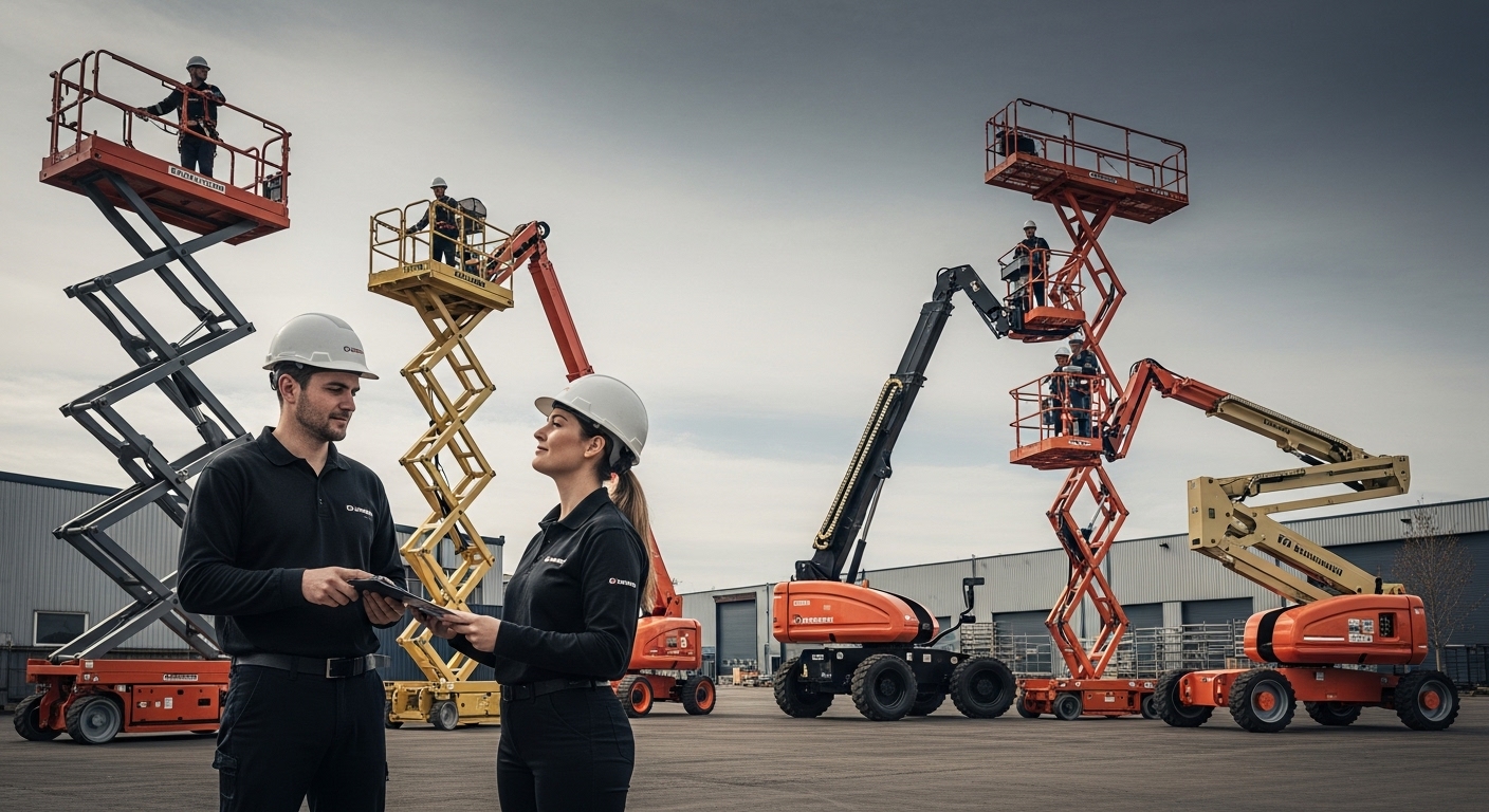 aerial lifts, industrial worksite, teamwork