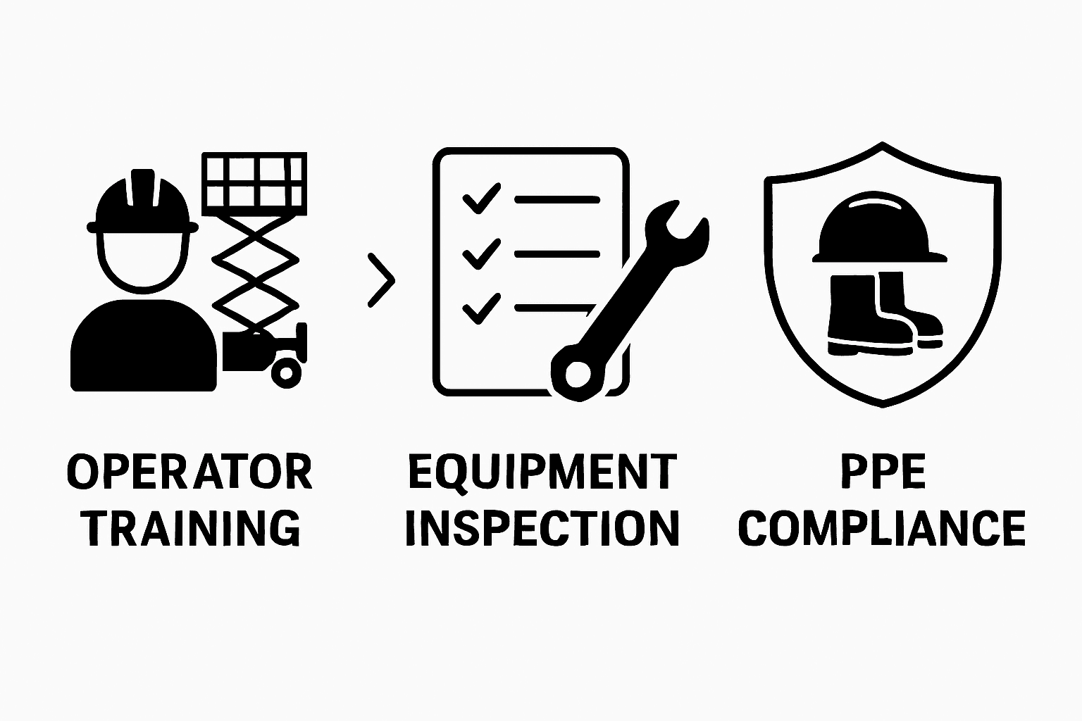 Infographic of the three key MEWP requirements: operator training, equipment inspection, PPE compliance.