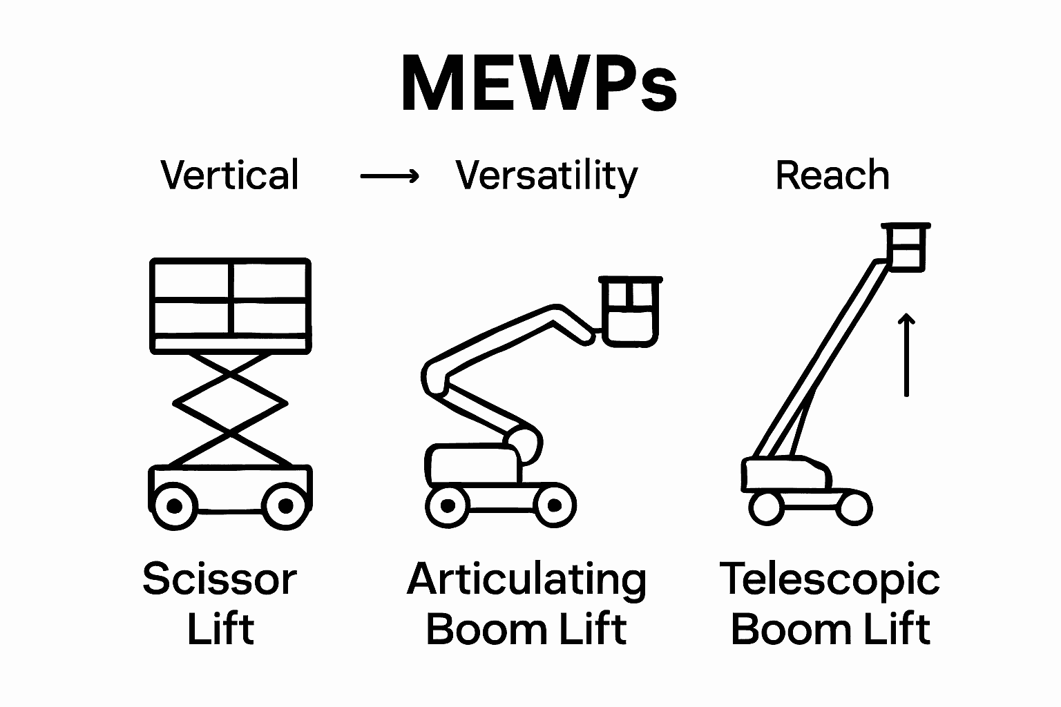Infographic comparing main MEWP types: scissor lift, articulating boom, telescopic boom.