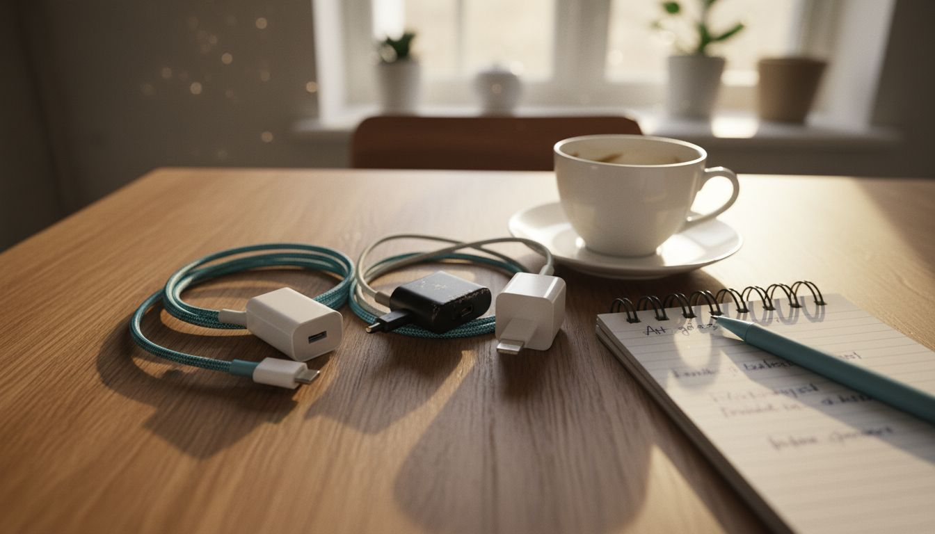 Tre olika mobilladdare med olika kontakter ligger utspridda på köksbordet.