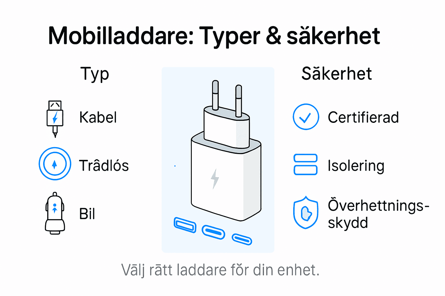Här får du en överskådlig bild av olika laddningsalternativ och vilka säkerhetsregler som gäller.