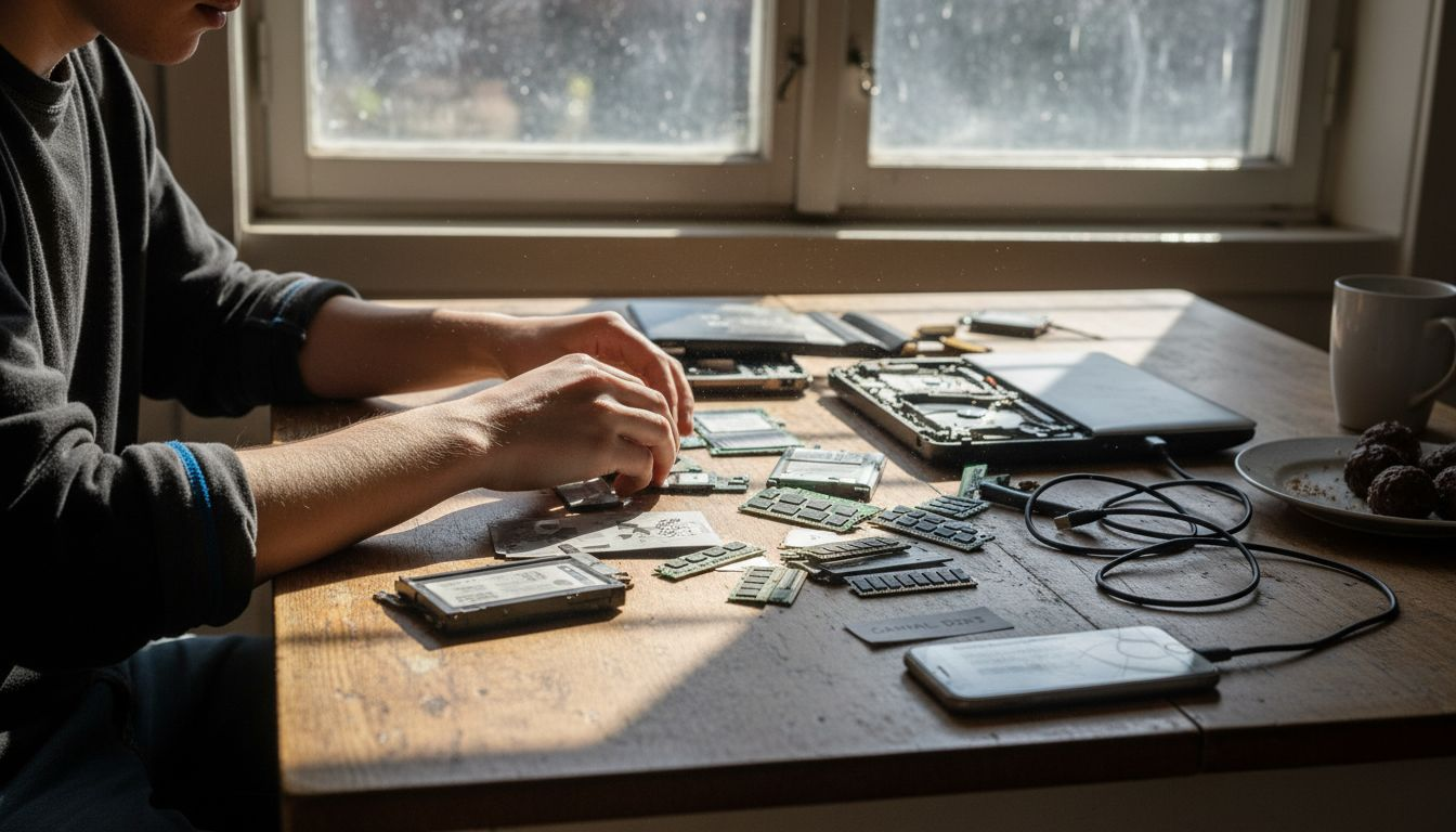 Alla delar ligger sorterade på bordet under reparationen av laptopen.
