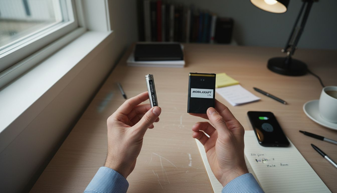 Två olika mobilbatterier hålls i handen