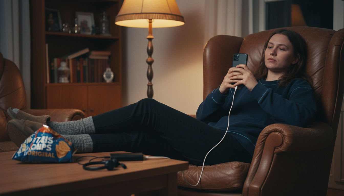 En kvinna laddar sin mobiltelefon som har ett litiumbatteri.