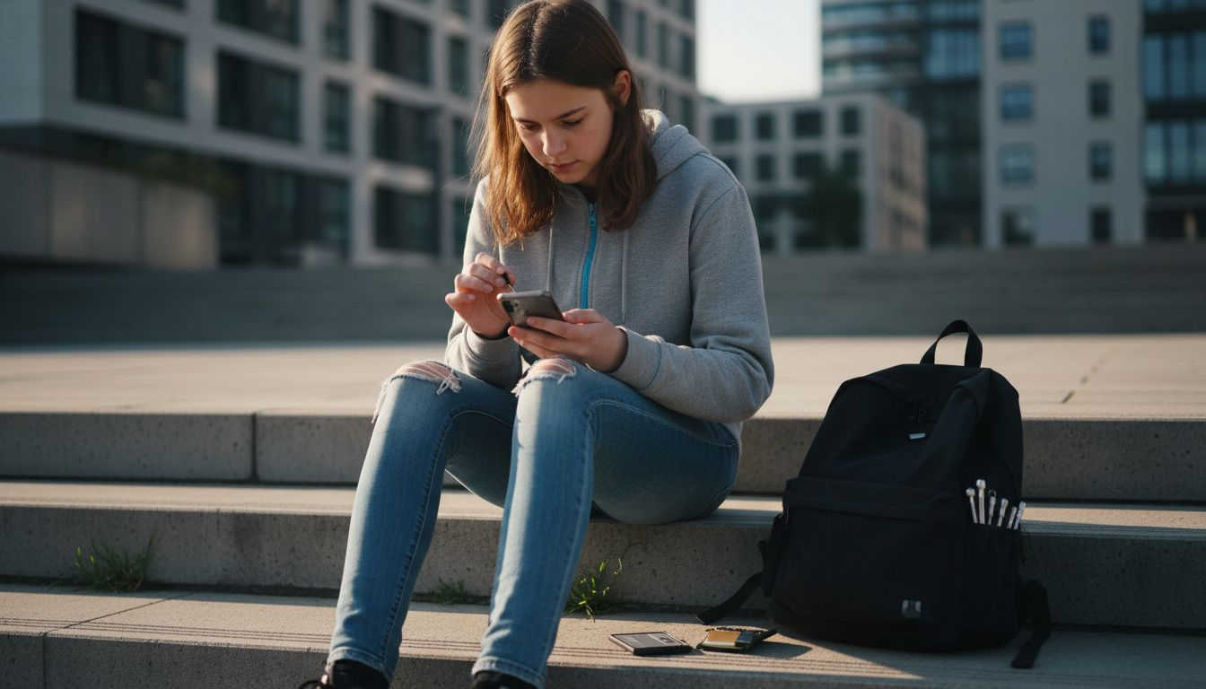 En tjej står utomhus och byter batteriet i sin mobiltelefon.
