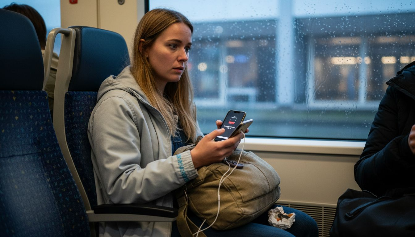 En stressad pendlare tittar oroligt på sin telefon och ser att batteriet nästan är slut.