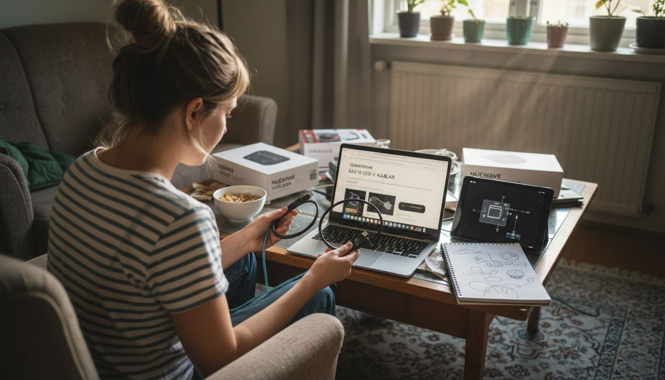 Kvinna som jämför olika USB-C-kablar för att hitta den som passar bäst till hennes enheter.