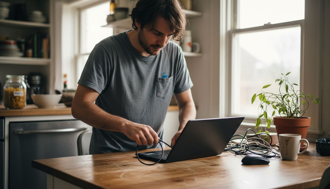 En person drar ur laddaren till sin laptop vid bordet.