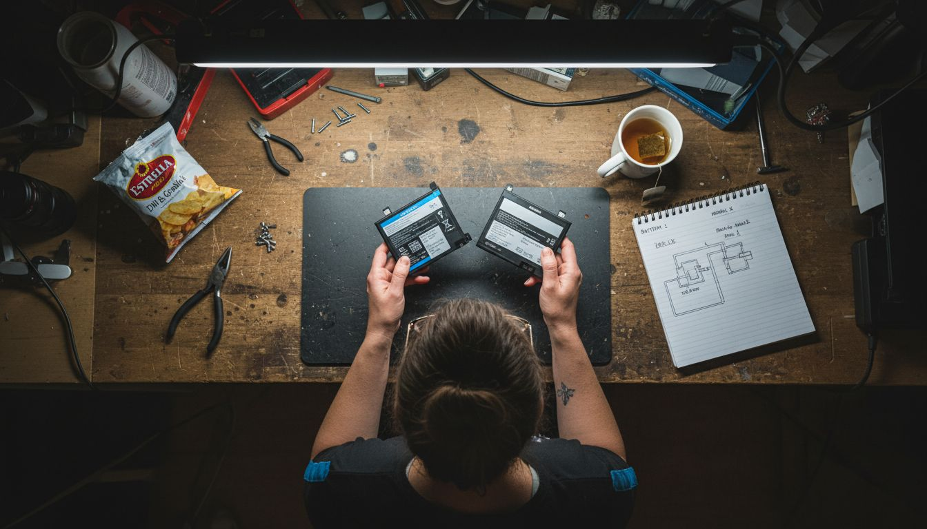 En person jämför två laptopbatterier på arbetsbänken.
