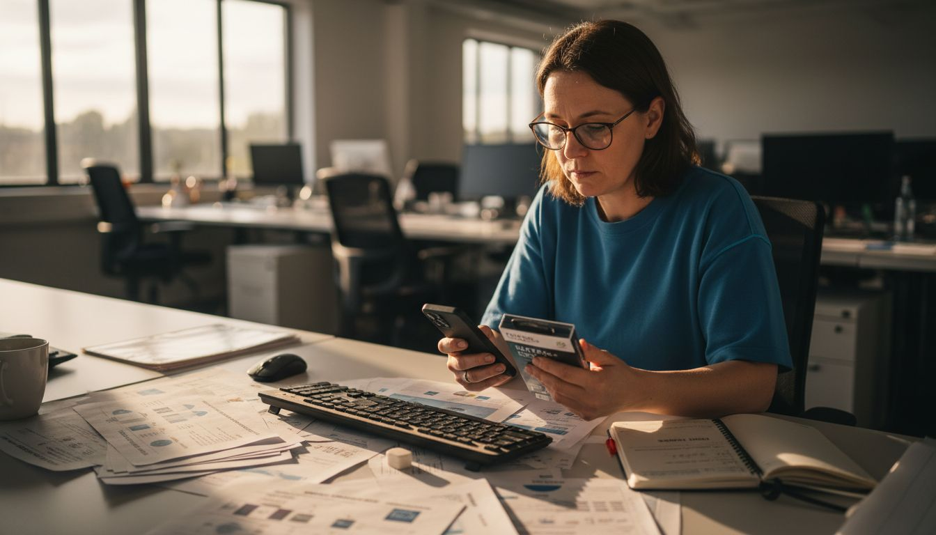 En kvinna sitter på kontoret och jämför olika mobilbatterier för att hitta det bästa alternativet.