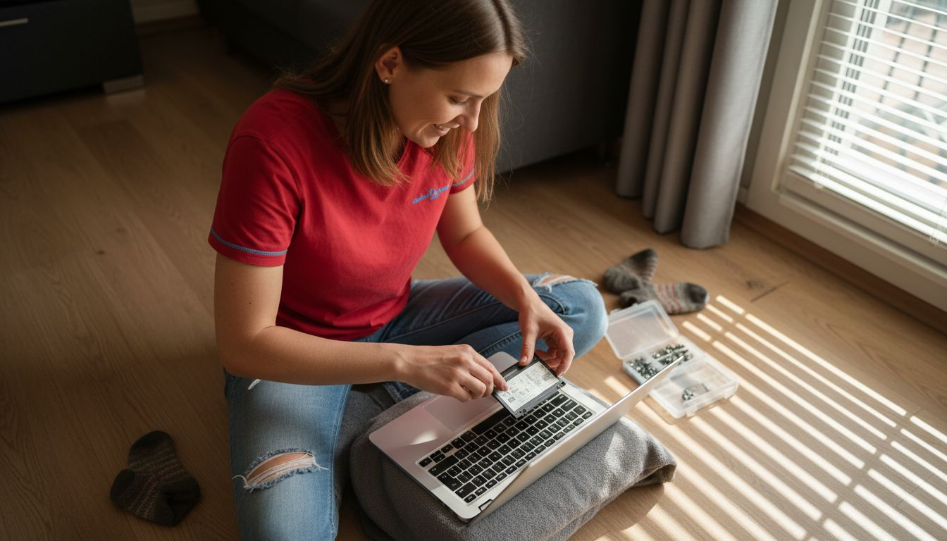 En person plockar försiktigt ut batteriet från sin laptop.