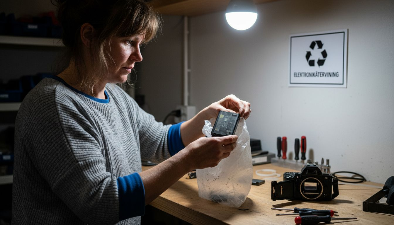 En kvinna har lagt ett gammalt batteri i en plastpåse för förvaring.