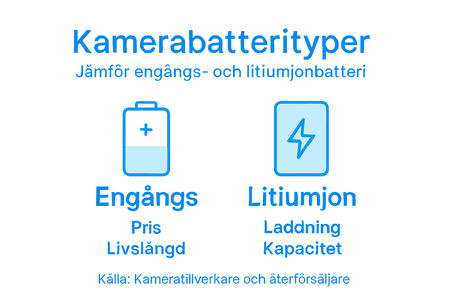 Grafisk översikt över de vanligaste typerna av kamerabatterier