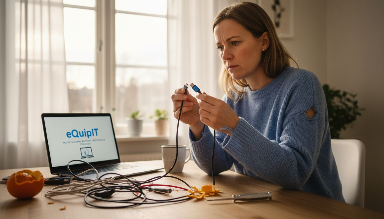 En kvinna granskar om hennes USB-C-kabel är certifierad.