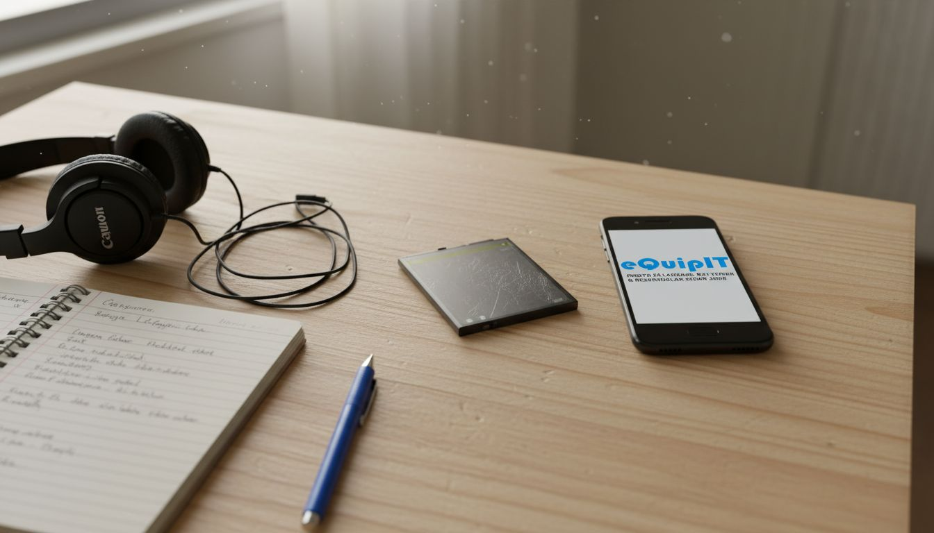 En uttjänt mobilbatteri och en smartphone ligger på skrivbordet.