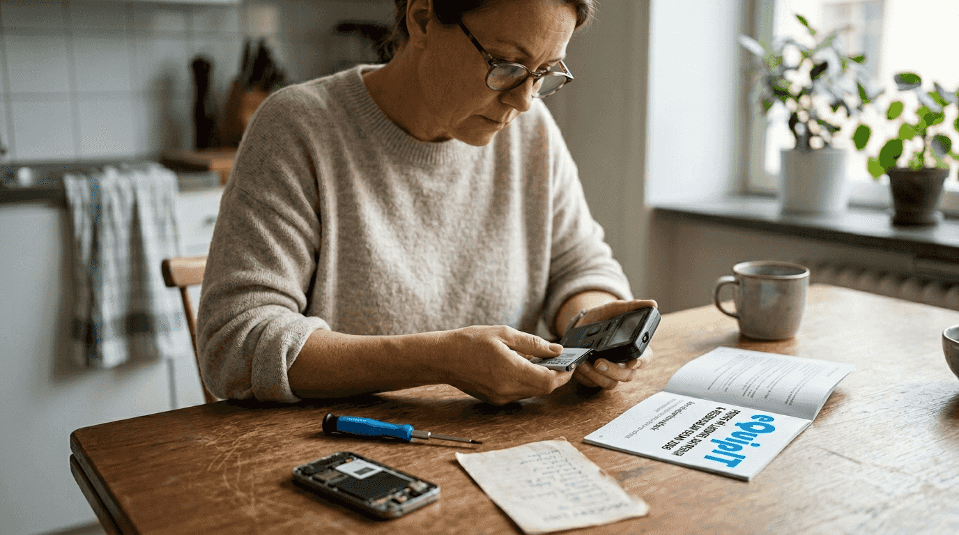En kvinna sitter vid köksbordet och undersöker ett batteri.