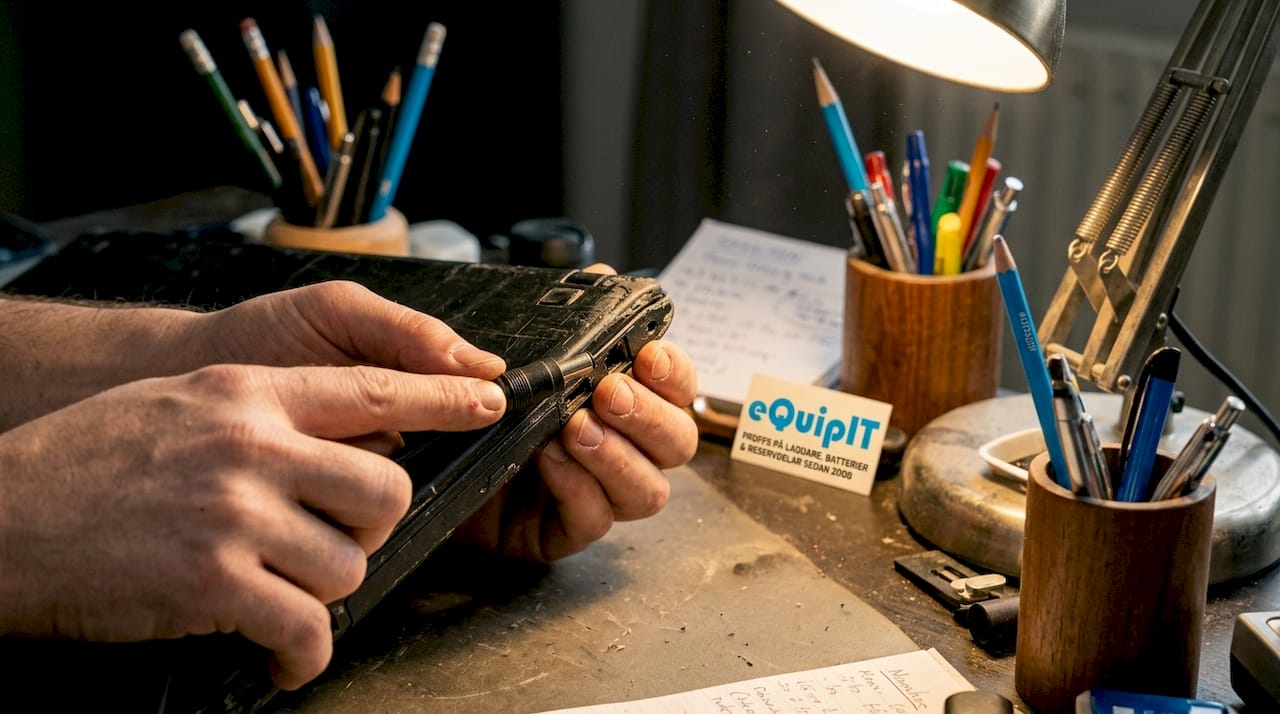 Ett par händer kopplar in en adapter i en laptop