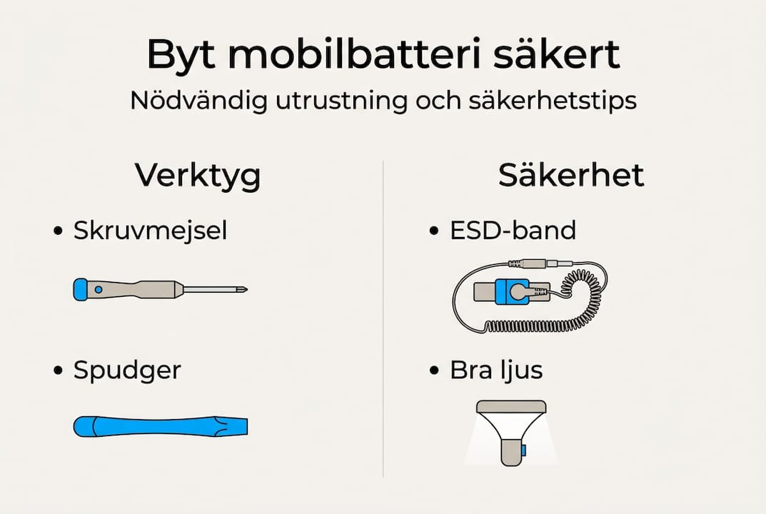 Illustration som visar vilka verktyg du behöver och hur du byter batteri på ett säkert sätt
