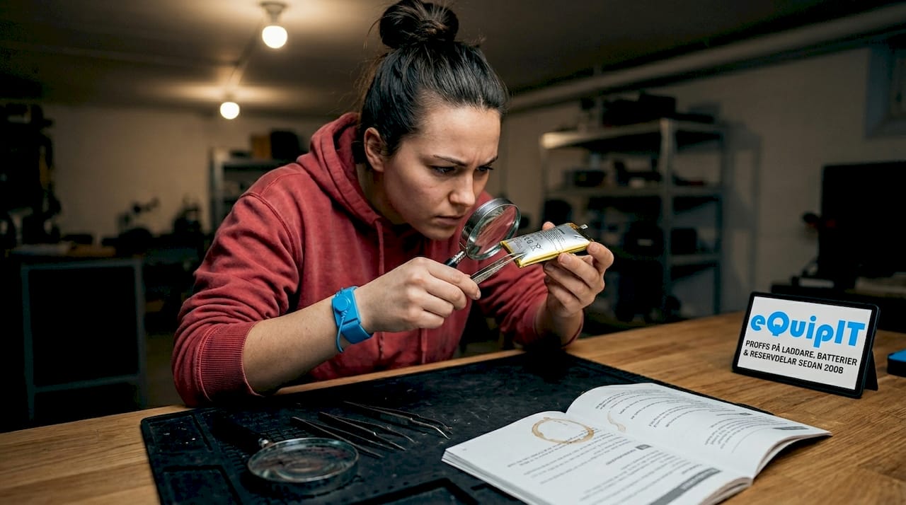 En kvinna granskar ett uppsvällt batteri vid sin arbetsbänk