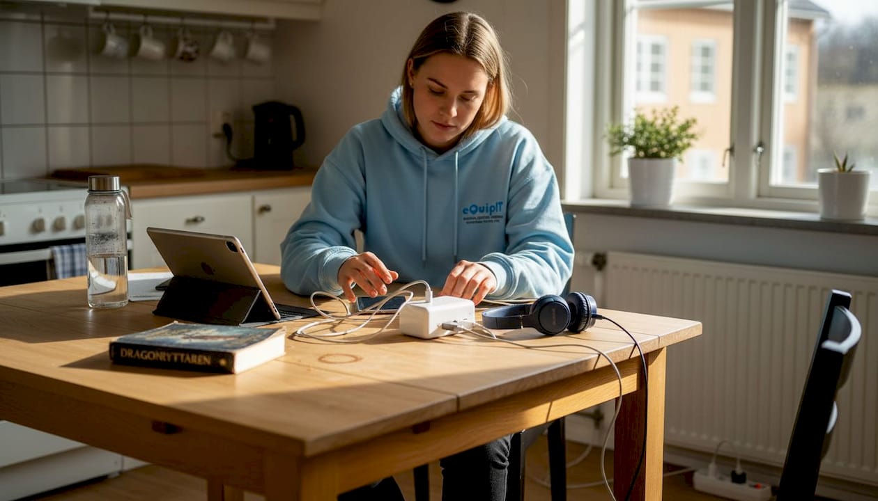 En student sitter vid köksbordet och laddar flera olika prylar samtidigt.