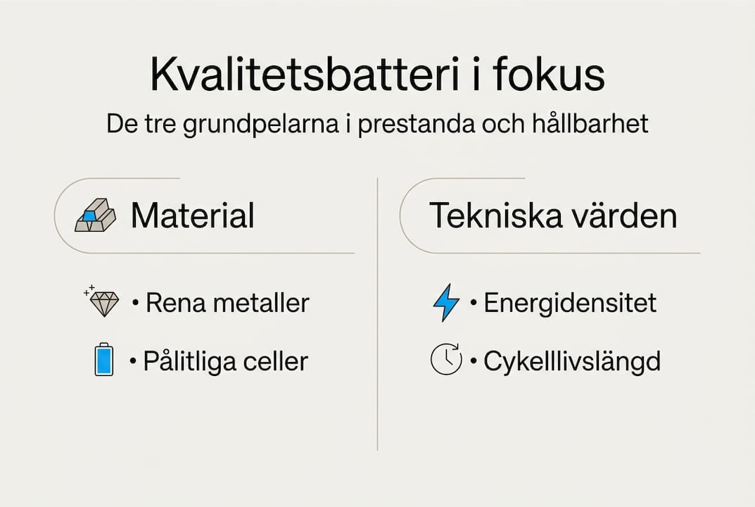 Illustration som visar de viktigaste faktorerna för riktigt bra batterier