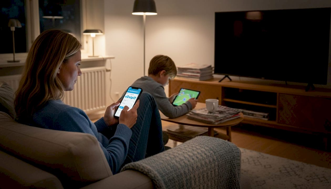 En kvinna styr enkelt laddboxen hemma från soffan med hjälp av en app.