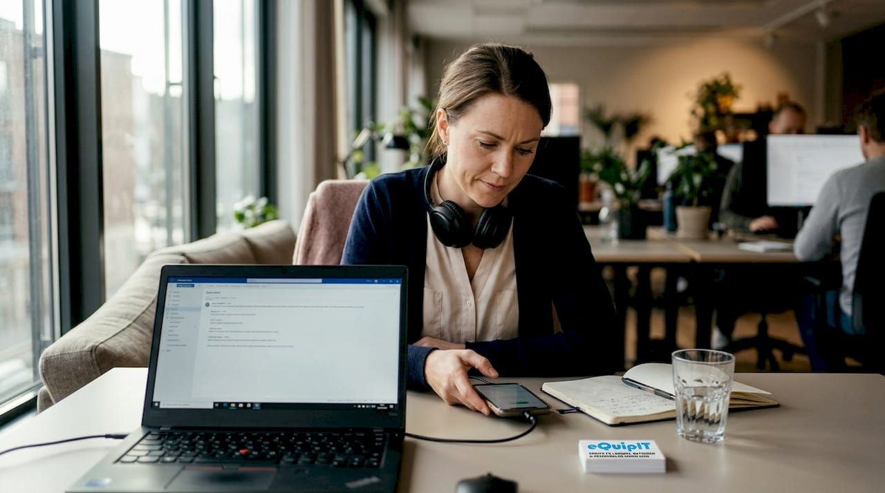 En kvinna kollar hur mycket batteri hon har kvar på mobilen medan hon sitter på jobbet.