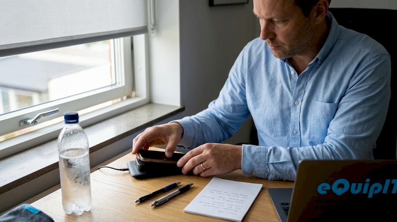 Man laddar mobilen tryggt och säkert vid skrivbordet