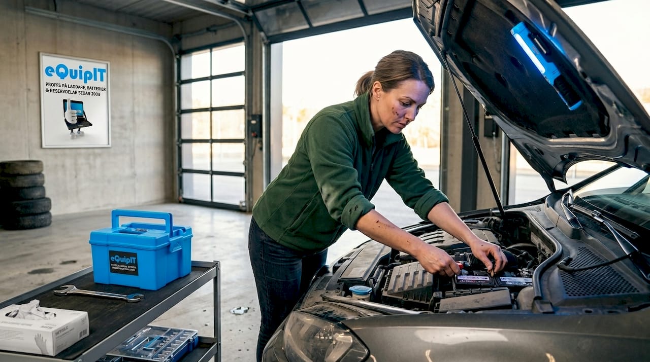 En kvinna byter bilbatteri i garaget.