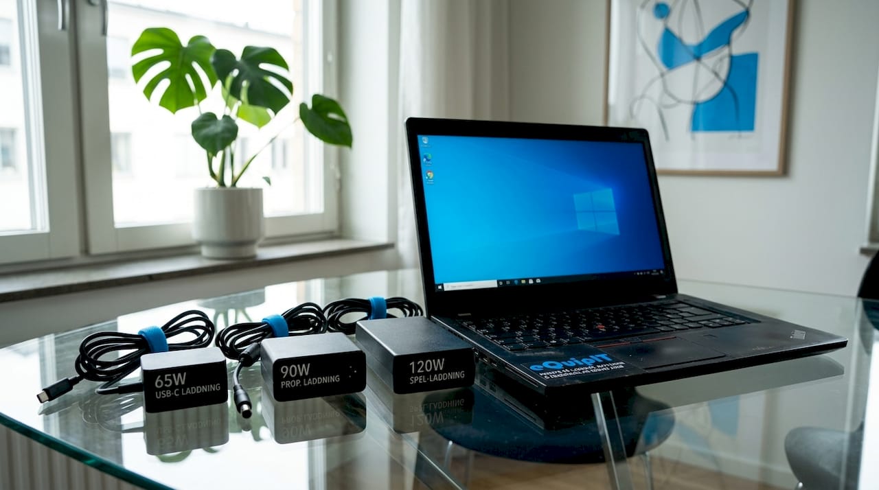 På bordet ligger flera laptopladdare tillsammans med en dator och anteckningsblock.