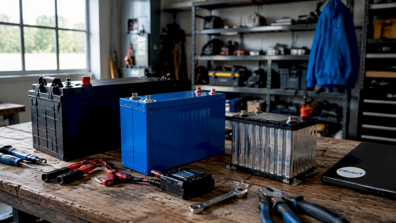 Detaljbild på olika batterier som ligger utspridda på en verkstadsbänk.