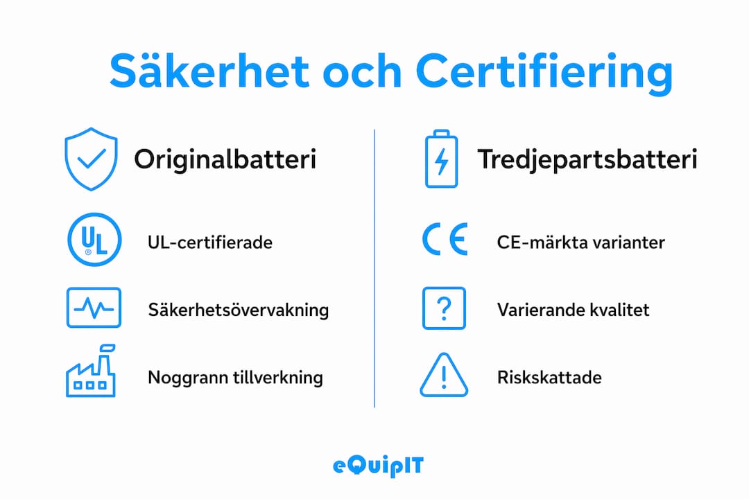 En överskådlig infografik som jämför säkerhetsaspekter och certifieringskrav för olika typer av batterier.