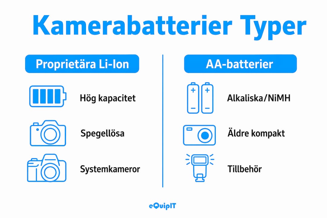 En tydlig infograf som visar olika kamerabatterityper jämförda sida vid sida inom två huvudkategorier.