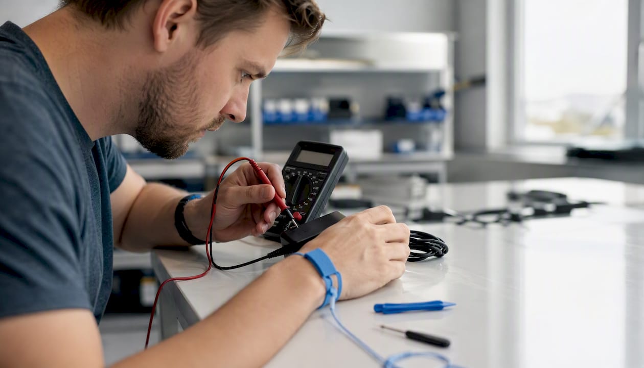 Ett par händer mäter spänningen på en laddare med hjälp av en multimeter.