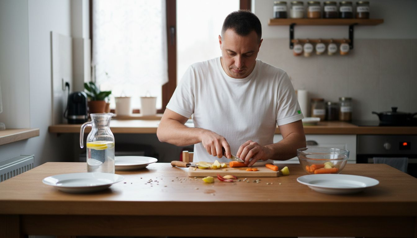 Un bărbat își pregătește un prânz sănătos, plin de fructe proaspete.