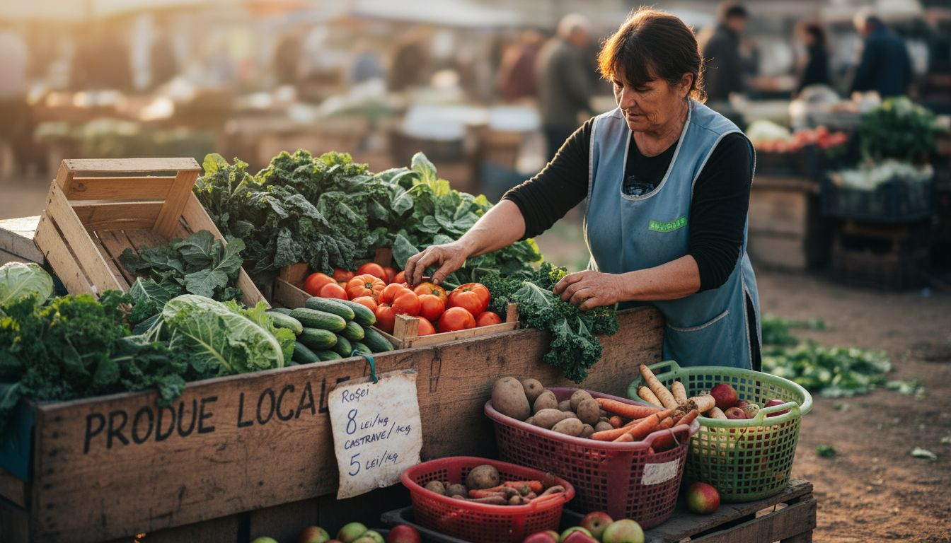 Un comerciant își așază cu grijă legumele și fructele proaspete pe tarabă, într-o piață din România.