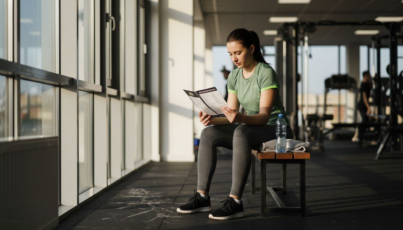 O tânără sportivă analizează planul alimentar la sala de fitness.