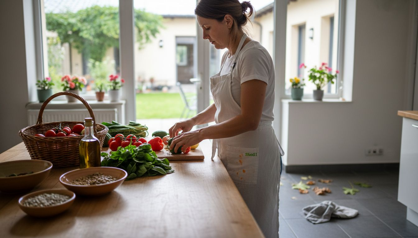 O femeie pregătește legumele pentru un meniu vegan.
