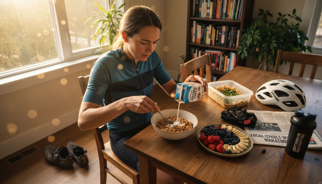 Cyclist having vegetarian breakfast post-ride