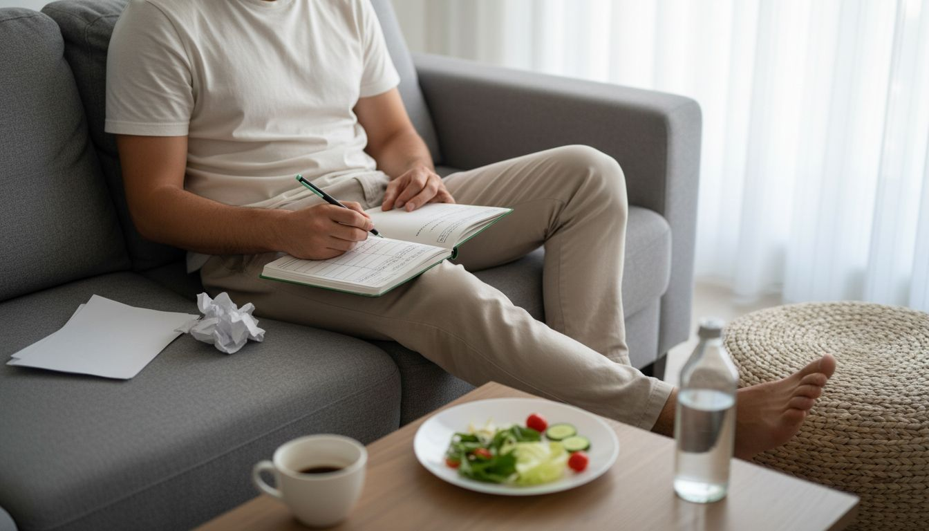 Un bărbat își notează zilnic ce mănâncă, ținând un jurnal alimentar chiar la el acasă.