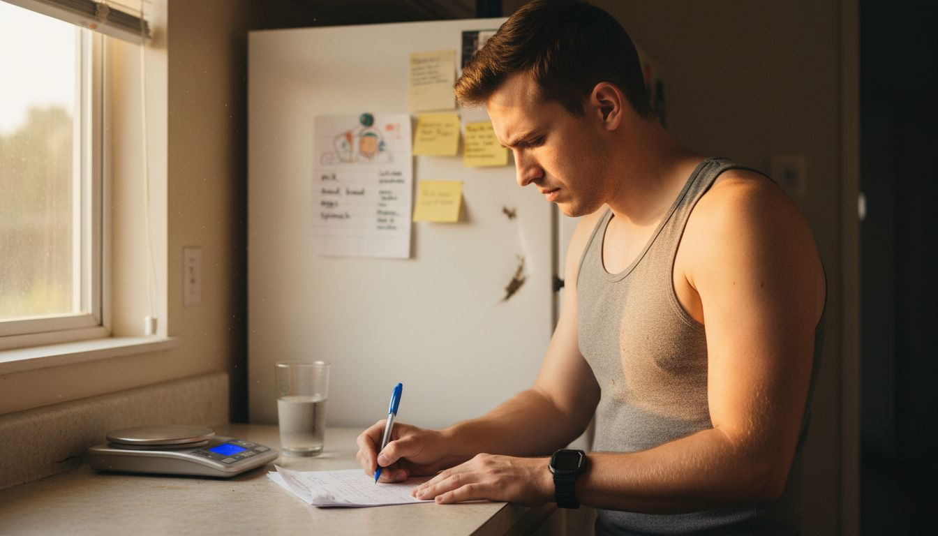 Man recording fitness meal progress in kitchen