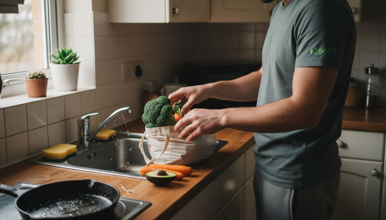 Un bărbat își alege cu grijă legumele proaspete de pe masa din bucătărie.