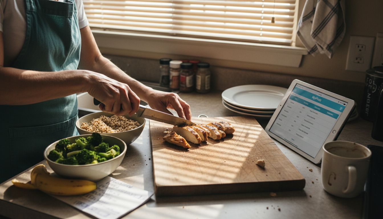 Woman slicing chicken for protein meal prep