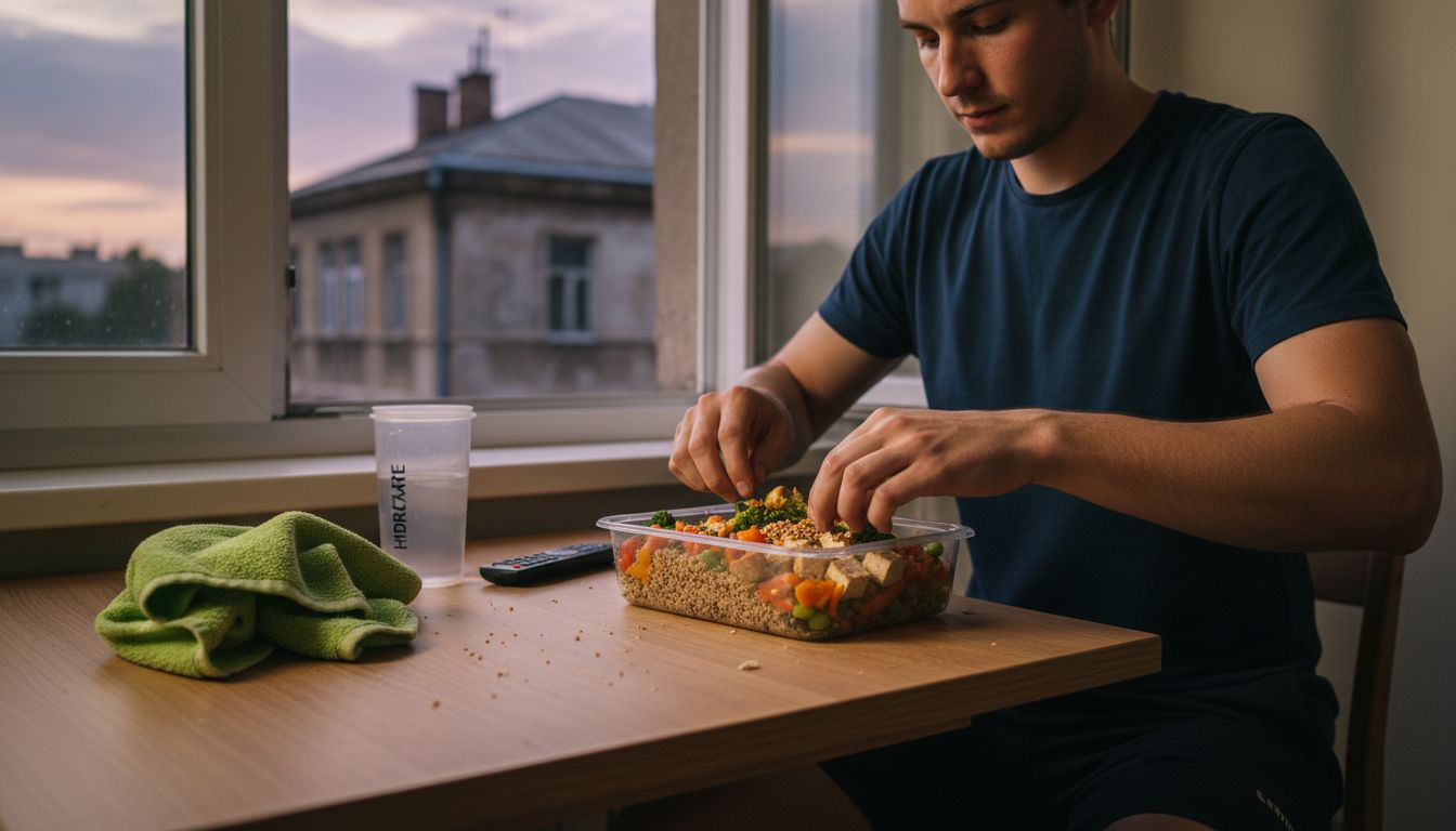 Un sportiv își desface caserola cu prânzul său vegan.