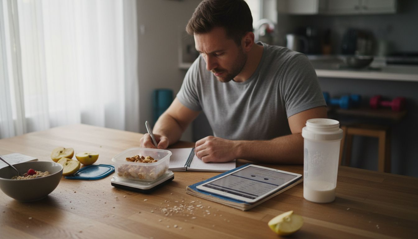 Athlete calculating meal portion at table